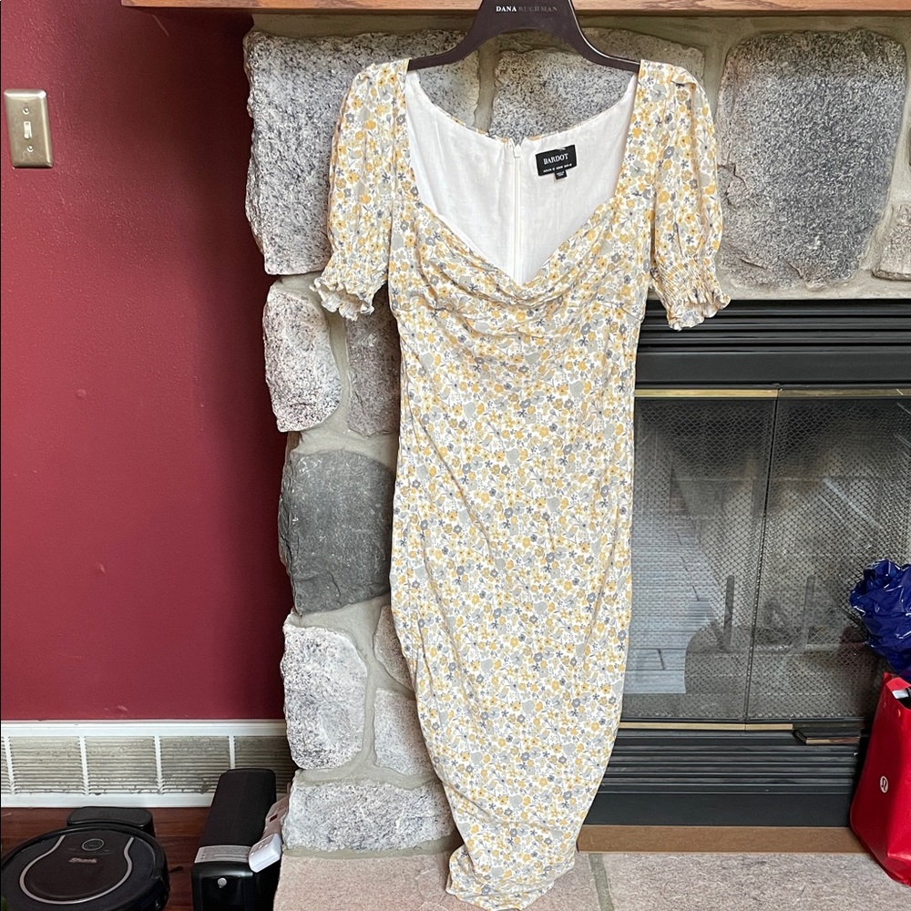 Bardot Yellow Floral Midi  Ruched Dress